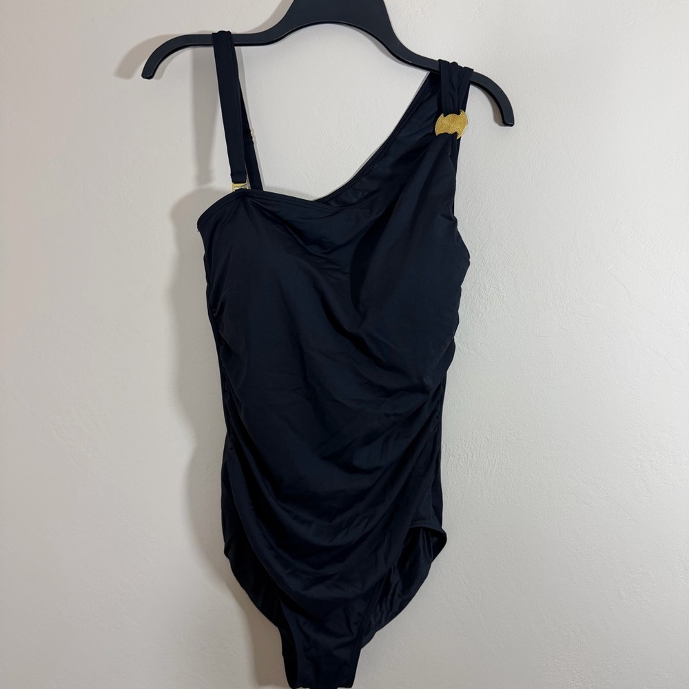 Coco Reef Black Bra Size One Piece One Shoulder Shirred Maillot Swimsuit 14/38C